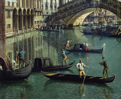 Gondoliers near the Rialto Bridge, Venice (detail) by Giovanni Antonio Canal